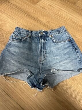 Reformation Light Blue High-Rise Frayed Denim Shorts